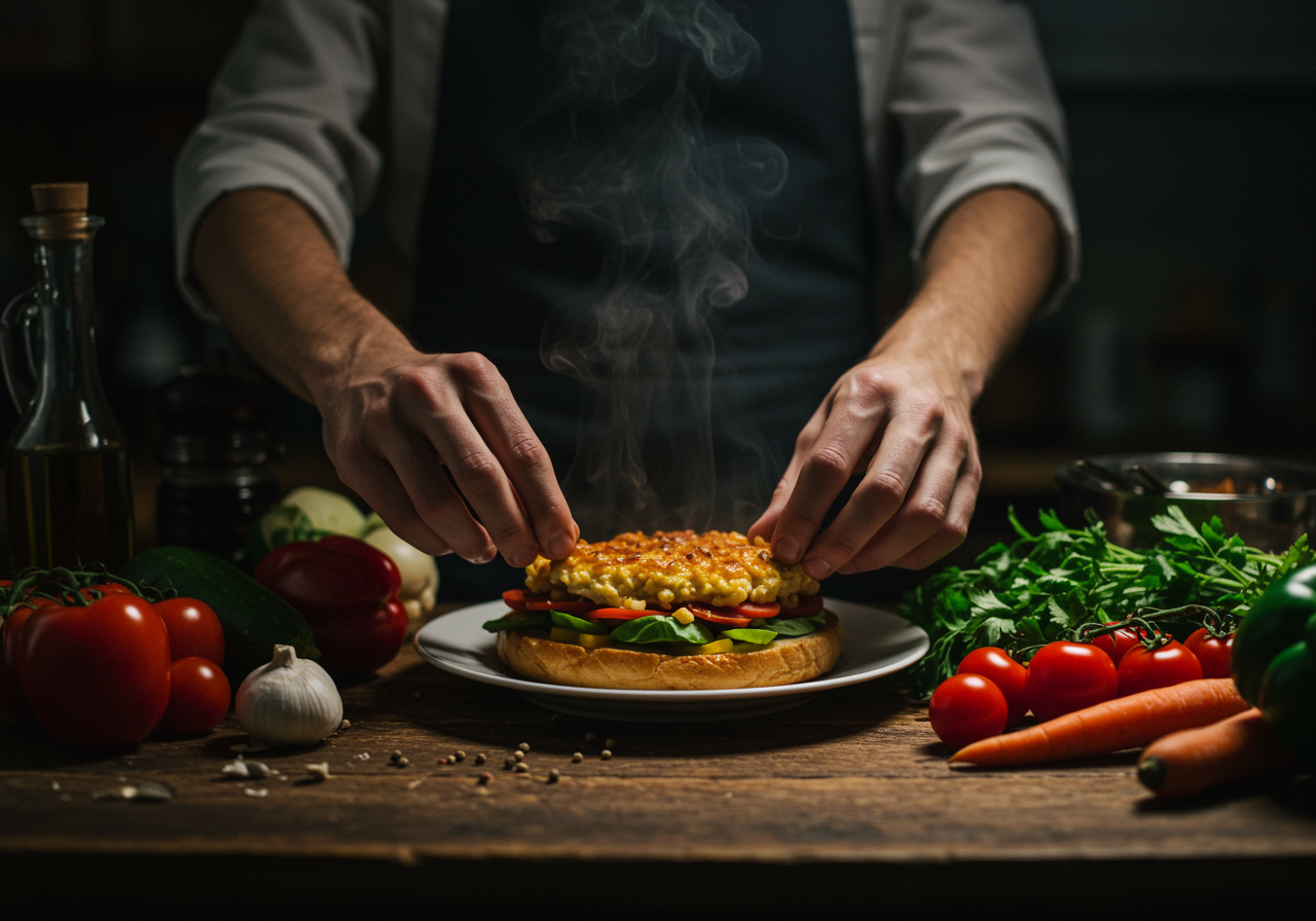 img seccion diferencia "Manos de chef blanco colocando un plato casero humeante en una mesa de madera rústica, rodeado de ingredientes frescos y bañado en luz natural."